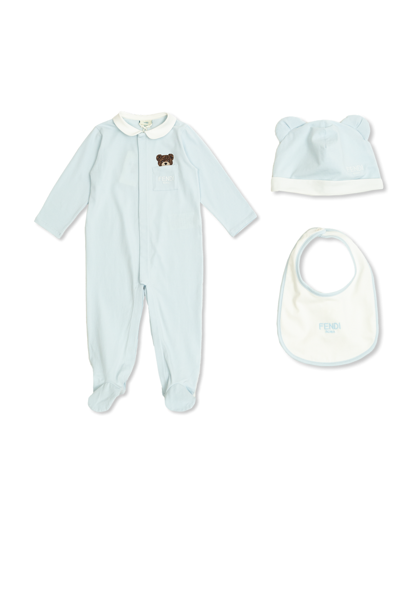 Light blue Set baby onesie hat and bib Fendi Kids Vitkac Italy